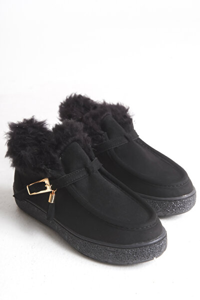 meyra'nın ayakkabıları Women's Fur Lined Buckle Mini Boots Black Suede