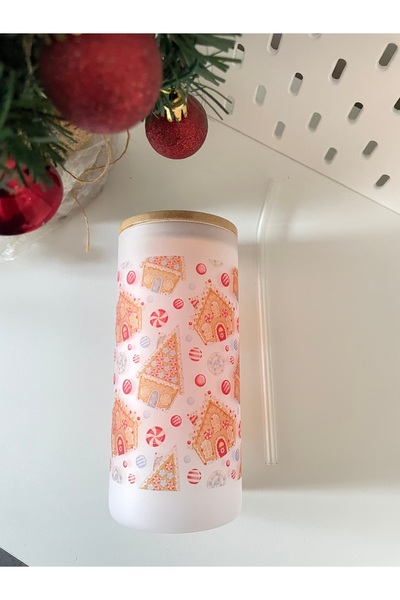By Selen Suyolcu Christmas Themed Printed Frosted Glass Cup with Bamboo Lid and Straw