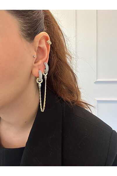 Ladies&Gentlemen Gold Hoop Women's Earrings with Zircon Stone Chain Detail