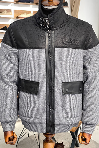 NAZEF Slim Fit Special Design Fur Collar Belt Detailed Knitwear Gray Coat