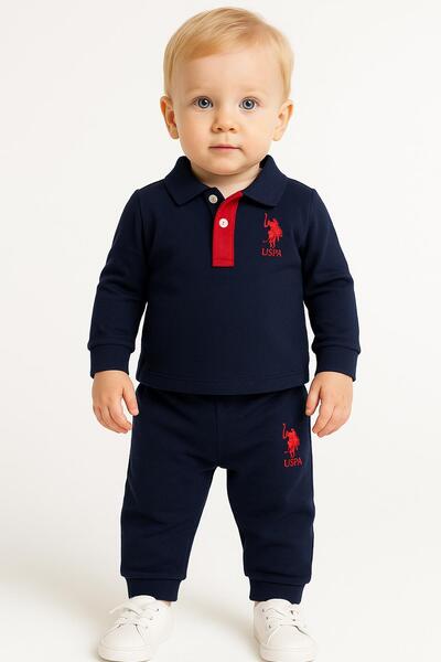 U.S. Polo Assn. Baby Boy Navy Blue Pique Woven Polo Collar Top and Bottom Set, 100% Cotton