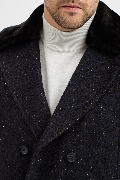 Frappoli Edvino Мъжко кафе-тъмно синьо дебело моно якичка кръстосано отпред тънко прилепващо вълнено палто