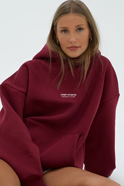 The Champ Clothing Γυναικείο φούτερ oversized με κουκούλα CHMP Summer με τύπωμα Claret Red – με κουκούλα , 3 Thread Fleece, Τσέπη καγκουρό