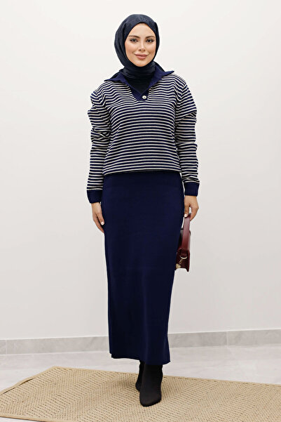 Tesettür Dünyası Смугастий трикотажний светр TSD250241 Синій