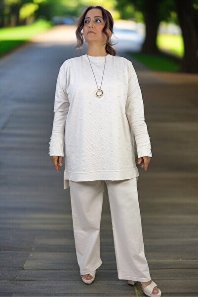 yagmurberen Baklava Patterned Polka Dots Stone Detail Tunic with Elastic Waist Pants Plus Size Merceerized Set