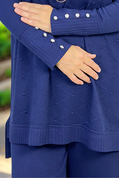 yagmurberen Baklava Patterned Polka Dots Stone Detail Tunic with Elastic Waist Pants Plus Size Merceerized Set