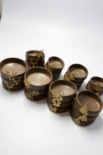 iQey Home Set of 6 Wooden Snack Bowls / Bowls with Metal Figures 9 cm Small Size