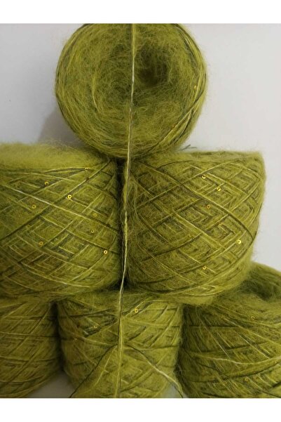 İPEK YÜN İPLİK DÜNYASI Moher Örgü İpi (Fıstık Yeşili) Pullu İp (Haki) Karışım 100gr