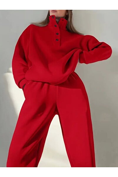 JANES Women's Long Sleeve Fisherman Mock Neck Piece Buttoned Three Thread Blouse and Pants Double Suit