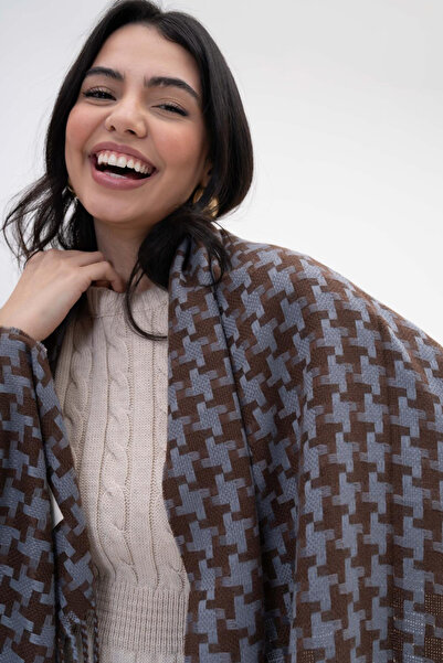 HERCHES Houndstooth Patterned Wool Winter Scarf - Blue