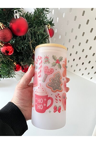 By Selen Suyolcu Christmas Themed Printed Frosted Glass Cup with Bamboo Lid and Straw