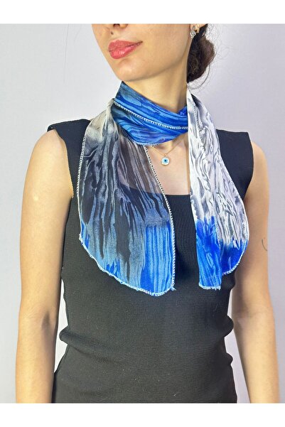 Gönülden Tasarım Chiffon Patterned Women's Scarf Neck Tie 110X15 cm Blue