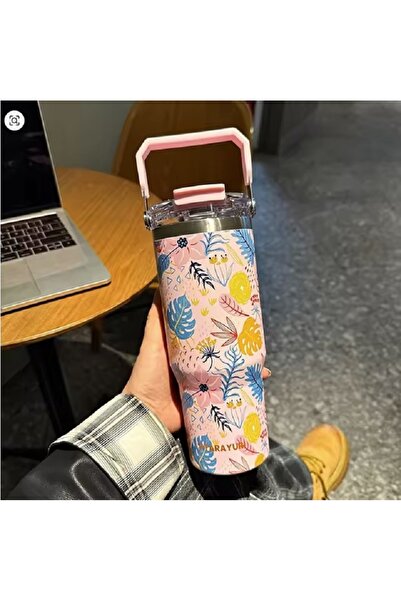 SITARAYURI Sitarayori 900ml Thermal Travel Mug with Floral Pattern and Handle HZ041