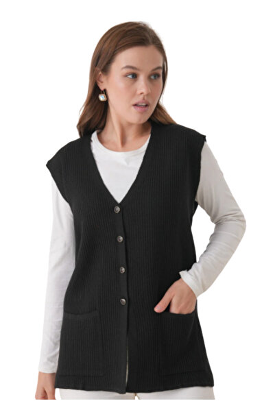 Elçelya Moda Women's Mother Plus Size Corded Fabric Wool Knitwear Vest