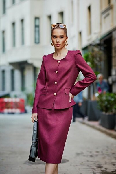 LOVELF Omuz Kırmalı Gold Düğmeli Yünefekt Etekli Takım Mürdüm