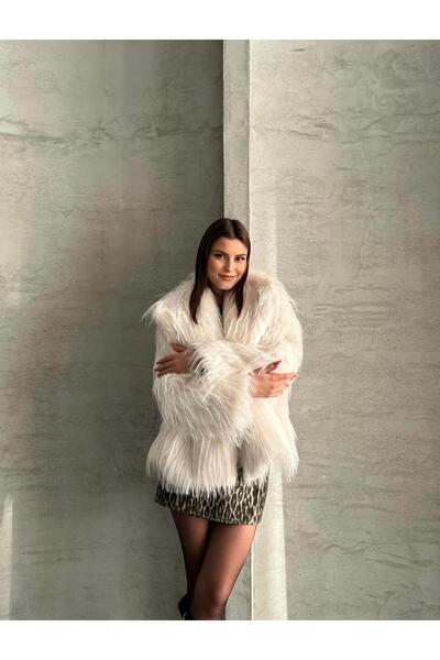 TRİNİTY كريم نسائي طويل الشعر صناعي معطف من الفرو الصناعي