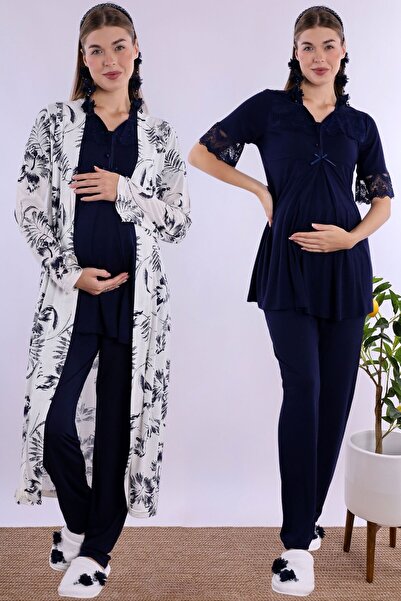 ByLohusa Effortt Navy Blue Maternity Pajama Set with Dressing Gown