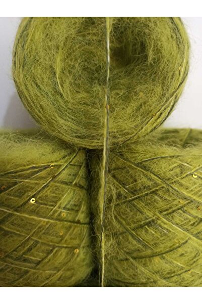 İPEK YÜN İPLİK DÜNYASI Moher Örgü İpi (Fıstık Yeşili) Pullu İp (Haki) Karışım 100gr