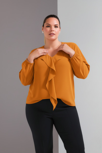 Hanezza Mustard Flywheel Collar Long Sleeve Plus Size Jessica Crepe Blouse