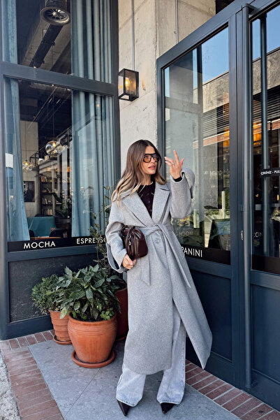 Sue Store Gray Belted Lined Oversized Sleeve Detail Wool Coat