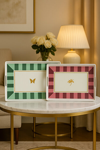 MAKRİ HOME 2Pcs Striped Patterned Serving Tray 38X28X3.5 Cm, Green and Burgundy