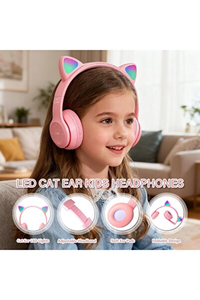 VALA Căști Bluetooth wireless over-ear pentru copii cu lumină LED în formă de urechi de pisică roz