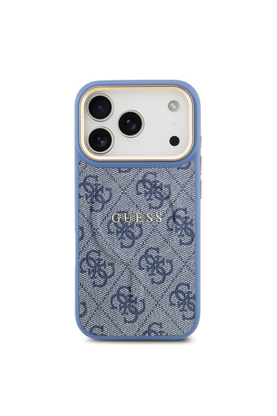 Guess iPhone 17 Pro Uyumlu Kılıf Lisanslı M-safe Şarjlı Gold Kamera Çerçeve PU Deri Yazı Logolu Mavi