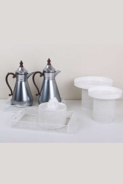 Generic Cake and dessert stand set + serving tray set + tea and coffee thermos set + tissue box holder with a royal design