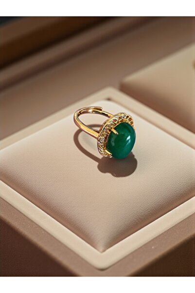 Taş-Mir Yeşil Akik Yüzük Doğal Taş Ayarlamalı Yüzük