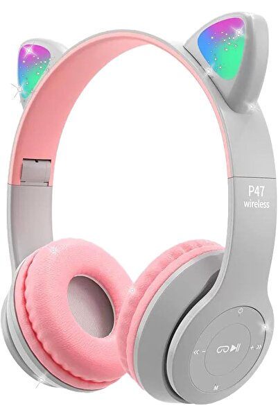 VALA Kids Wireless Over-Ear Headphones with Cat Ear LED Light, Microphone, TF Card (Grey)