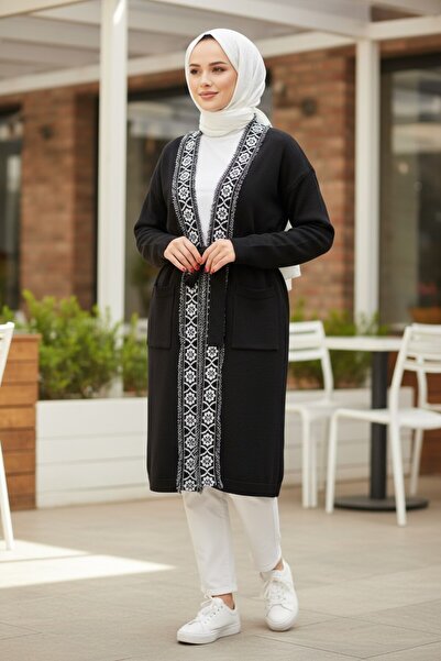 Kamalı Winter Coat Cardigan Patterned Belted Hijab Knitwear Cardigan