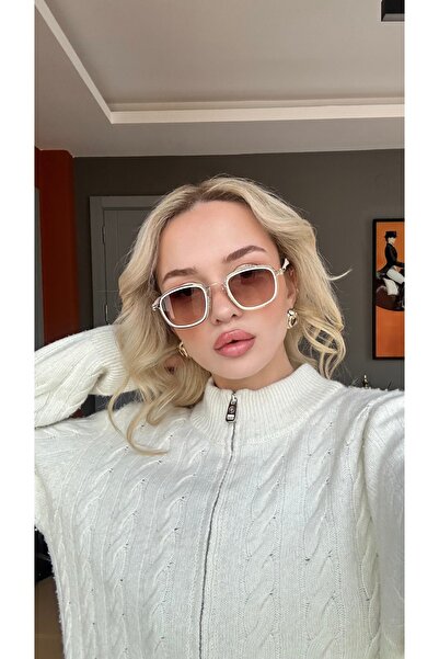 Angel Eyes Rectangular Cream Frame Metal Gold Coffee Gradient Glass Unisex Sunglasses