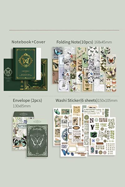 Buka Shops "Forest Legend" Serisi 140 Parça Yeşil Kelebek Seti (256 Sayfa Defterli) - Hediye Kutulu Journal, St