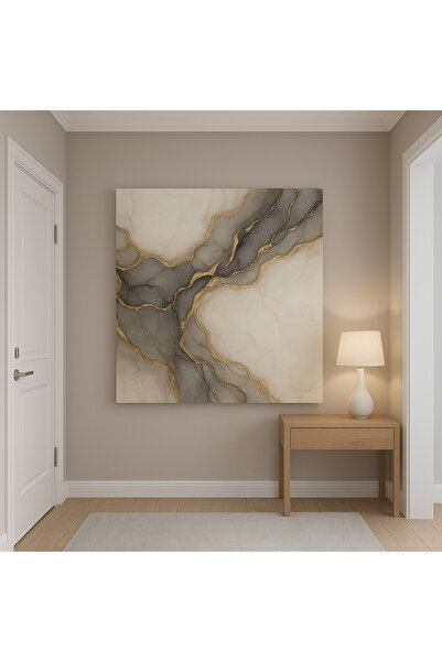 hollywest Lüks Tablo, Bej Gri Altın Yaldızlı Soyut Kanvas Tablo, Salon tablosu