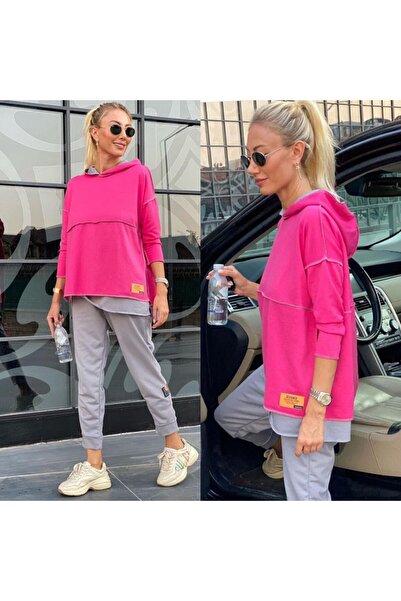 Kokosh moda Women's Black Hooded Double Suit with Hem Detail and Reverse Stitching