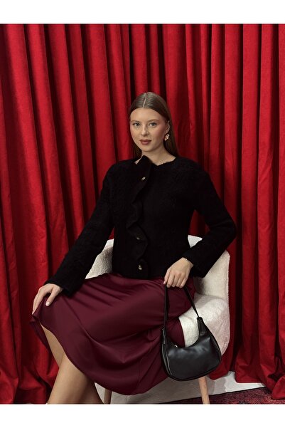 Neva Wear Asymmetrical Cut Pat Detailed Embroidered Knit Cardigan