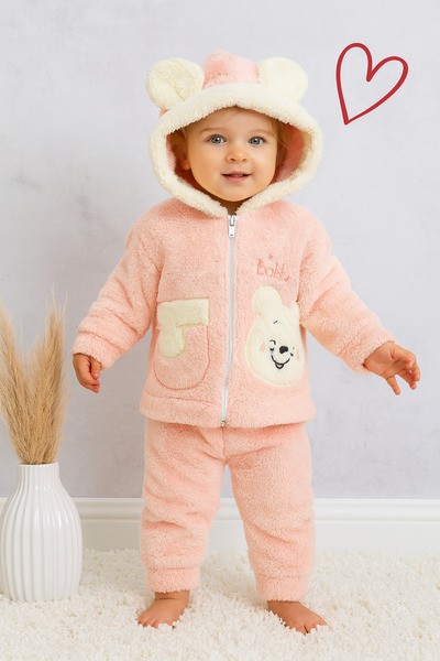 Arı Bebe Baby Girl Teddy Bear Patterned Zippered Hooded Piece Baby Set
