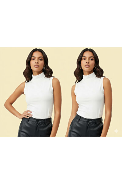 TRİYA FASHİON Zero Sleeve 2-Piece Women's Turtleneck Badi (White)