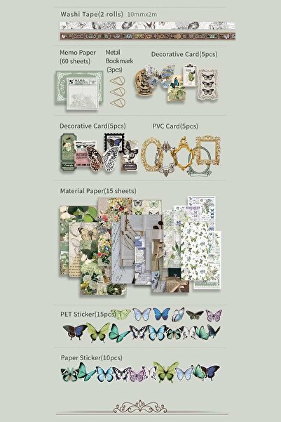 Buka Shops 'Forest Legend' Series 140 Piece Green Butterfly Set (with 256 Page Notebook) - Journal with Gift Box, St