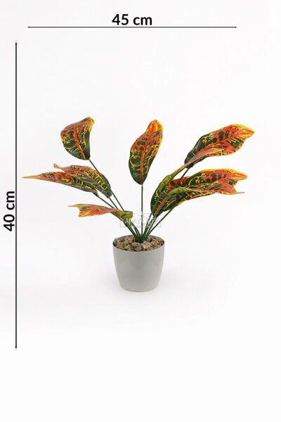 Yapay Çiçek Deposu Gri Saksılı Yapay Bitki 12 Yapraklı Kraton Bitkisi 45 cm Yeşil - Turuncu