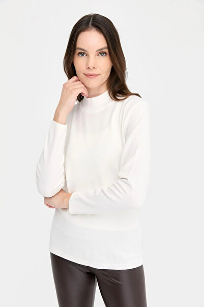 Desen Triko Women's Stretch Fabric Long Sleeve Basic Half Fisherman Blouse 0240016 Ecru