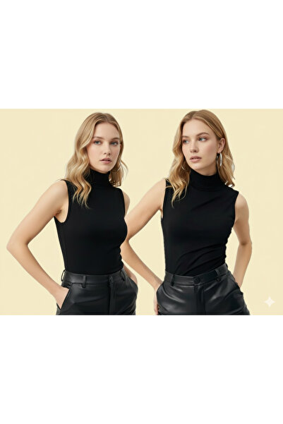 TRİYA FASHİON Zero Sleeve 2-Piece Women's Turtleneck Badi (Black)