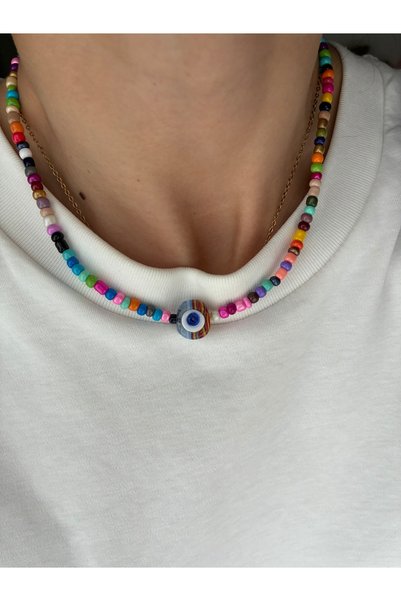 DeNors Sand Beaded Glass Evil Eye Beaded Necklace |   Women's Necklace |   Trend Handmade Necklace