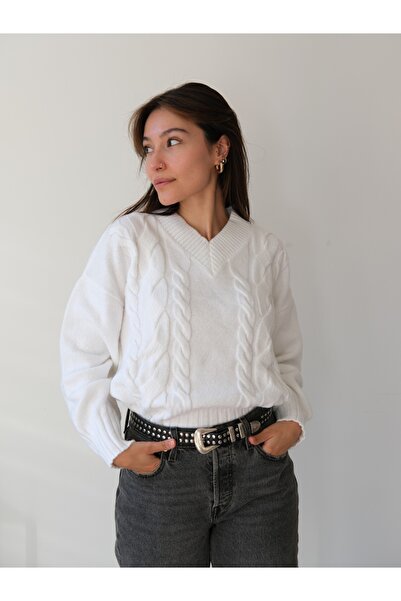 SolQ Oversized Women's V-Neck Elegant Soft Textured Stylish Hair Knit Sweater