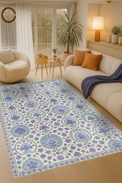 Rugs Modern Halı MOSSO Μπλε Μωβ Αποχρώσεις Έθνικ Λουλούδια με Σχέδιο Υφαντή Β...
