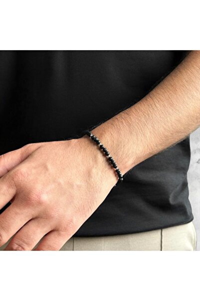 BIJUTERIA NEAGRA 925 Silver Beaded Bracelet with Lava Semi-Precious Stones, Adjustable Cord