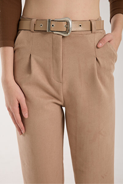 winmoda Suede Pants with Belt and Front Fold Detail - Suede Pants with Pockets