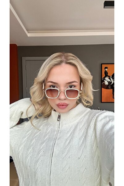 Angel Eyes Rectangular Cream Frame Metal Gold Coffee Gradient Glass Unisex Sunglasses