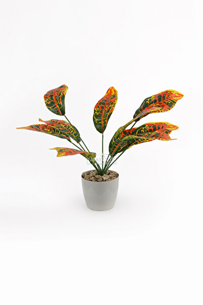 Yapay Çiçek Deposu Сиво саксийно изкуствено растение 12-листно кратон растение 45 см зелено - оранжево