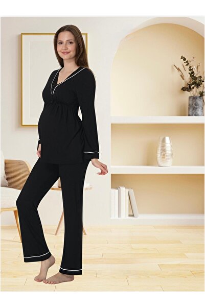 Lohusa Homewear Γυναικείο Μαύρο Σετ Πιτζάμες Εγκυμοσύνης Ειδικού Σχεδιασμού